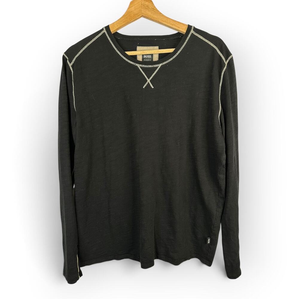 Hugo Boss Men M Black Long Sleeve Tee Contrast Stitch Slub Cotton Regular Fit